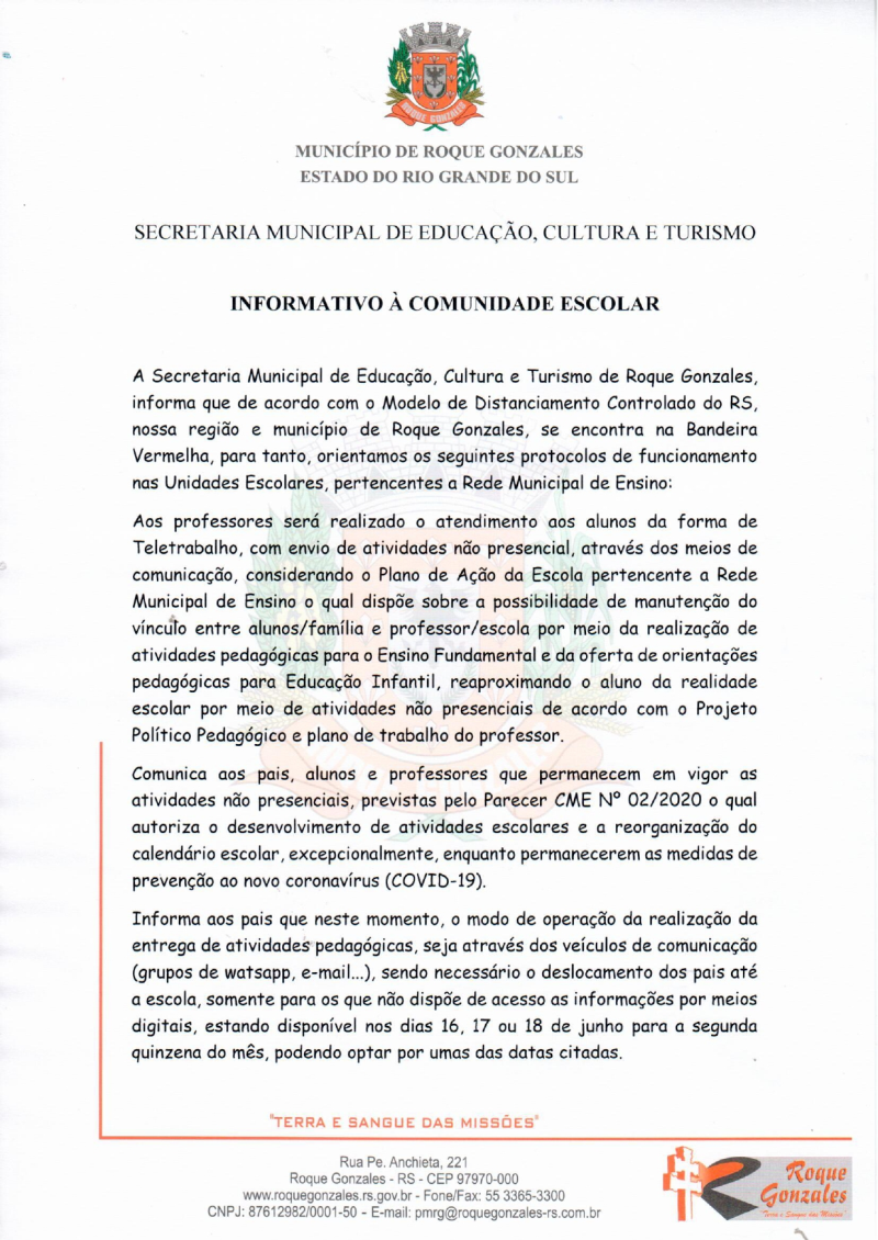 SECRETARIA MUNICIPAL DE EDUCAÇÃO, CULTURA E TURISMO DIVULGA INFORMATIVO À COMUNIDADE ESCOLAR